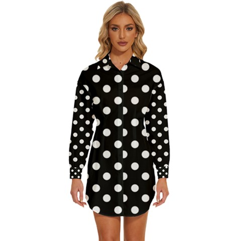 Black And White Polka Dots Womens Long Sleeve Shirt Dress by GardenOfOphir