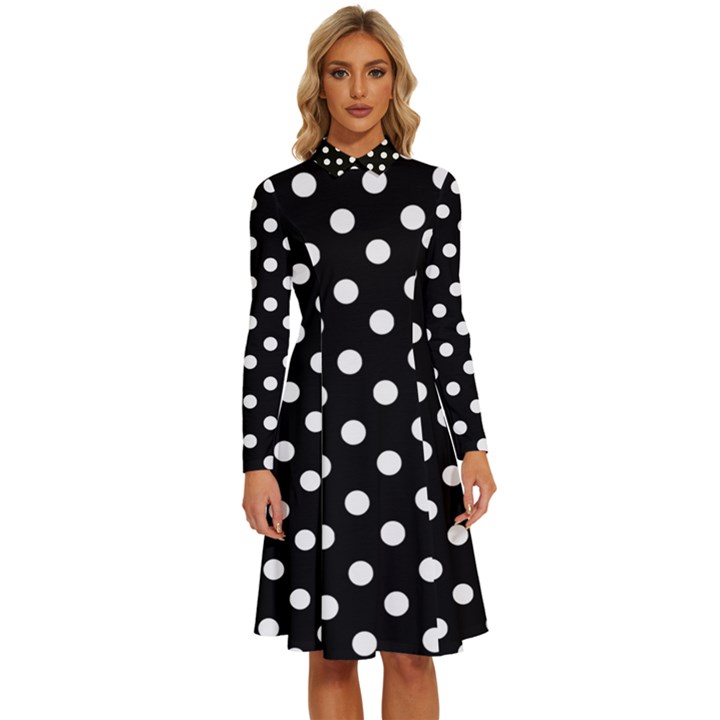 Black And White Polka Dots Long Sleeve Shirt Collar A-Line Dress