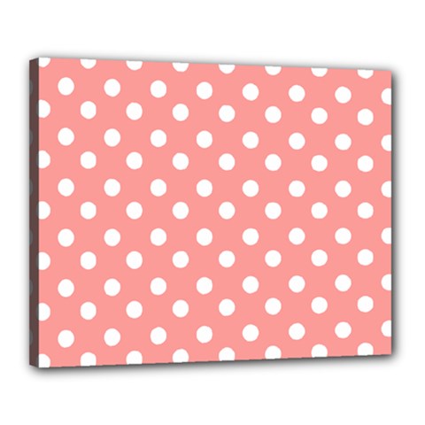 Coral And White Polka Dots Canvas 20  X 16  (stretched) by GardenOfOphir