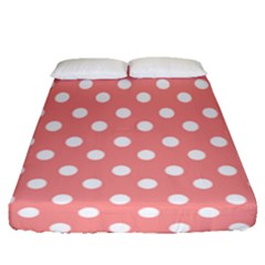 Coral And White Polka Dots Fitted Sheet (queen Size) by GardenOfOphir