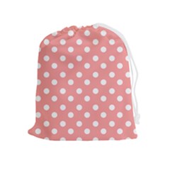 Coral And White Polka Dots Drawstring Pouch (xl) by GardenOfOphir