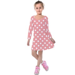 Coral And White Polka Dots Kids  Long Sleeve Velvet Dress by GardenOfOphir