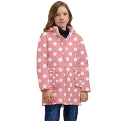 Coral And White Polka Dots Kid s Hooded Longline Puffer Jacket by GardenOfOphir