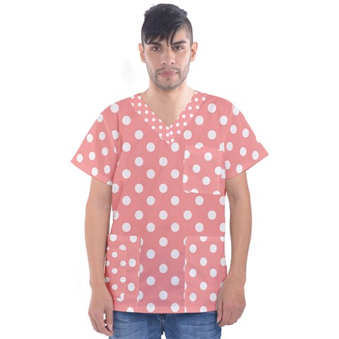 Coral And White Polka Dots Men s V-neck Scrub Top by GardenOfOphir