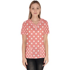 Coral And White Polka Dots Women s V-neck Scrub Top by GardenOfOphir