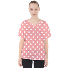 Coral And White Polka Dots V-neck Dolman Drape Top by GardenOfOphir