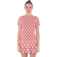 Coral And White Polka Dots Drop Hem Mini Chiffon Dress by GardenOfOphir