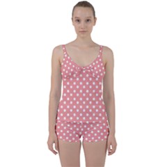 Coral And White Polka Dots Tie Front Two Piece Tankini by GardenOfOphir