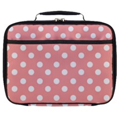 Coral And White Polka Dots Full Print Lunch Bag by GardenOfOphir