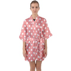 Coral And White Polka Dots Half Sleeve Satin Kimono  by GardenOfOphir