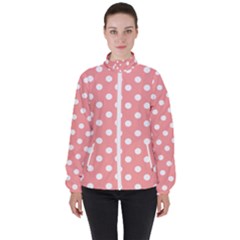 Coral And White Polka Dots Women s High Neck Windbreaker by GardenOfOphir