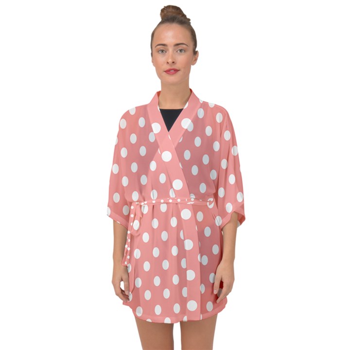 Coral And White Polka Dots Half Sleeve Chiffon Kimono