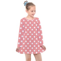 Coral And White Polka Dots Kids  Long Sleeve Dress by GardenOfOphir