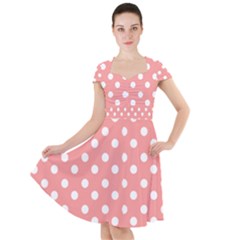 Coral And White Polka Dots Cap Sleeve Midi Dress by GardenOfOphir