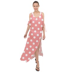 Coral And White Polka Dots Maxi Chiffon Cover Up Dress by GardenOfOphir