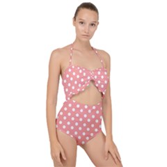 Coral And White Polka Dots Scallop Top Cut Out Swimsuit by GardenOfOphir