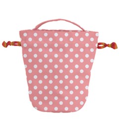 Coral And White Polka Dots Drawstring Bucket Bag by GardenOfOphir