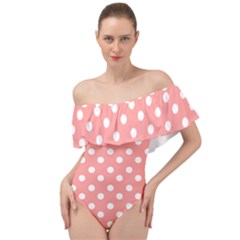 Coral And White Polka Dots Off Shoulder Velour Bodysuit  by GardenOfOphir