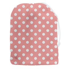 Coral And White Polka Dots Drawstring Pouch (3xl) by GardenOfOphir