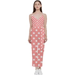 Coral And White Polka Dots V-neck Spaghetti Strap Tie Front Jumpsuit by GardenOfOphir