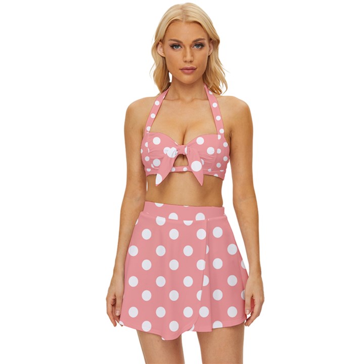 Coral And White Polka Dots Vintage Style Bikini Top and Skirt Set 