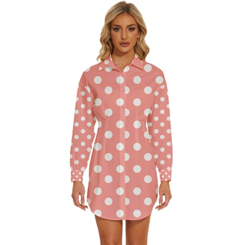 Coral And White Polka Dots Womens Long Sleeve Shirt Dress by GardenOfOphir