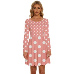 Coral And White Polka Dots Long Sleeve Wide Neck Velour Dress by GardenOfOphir