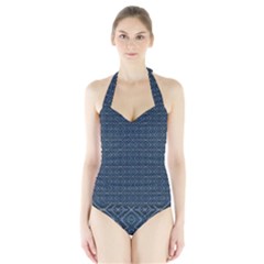 Blue Diamonds Motif Fancy Pattern Design Halter Swimsuit by dflcprintsclothing