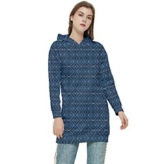 Blue Diamonds Motif Fancy Pattern Design Women s Long Oversized Pullover Hoodie by dflcprintsclothing