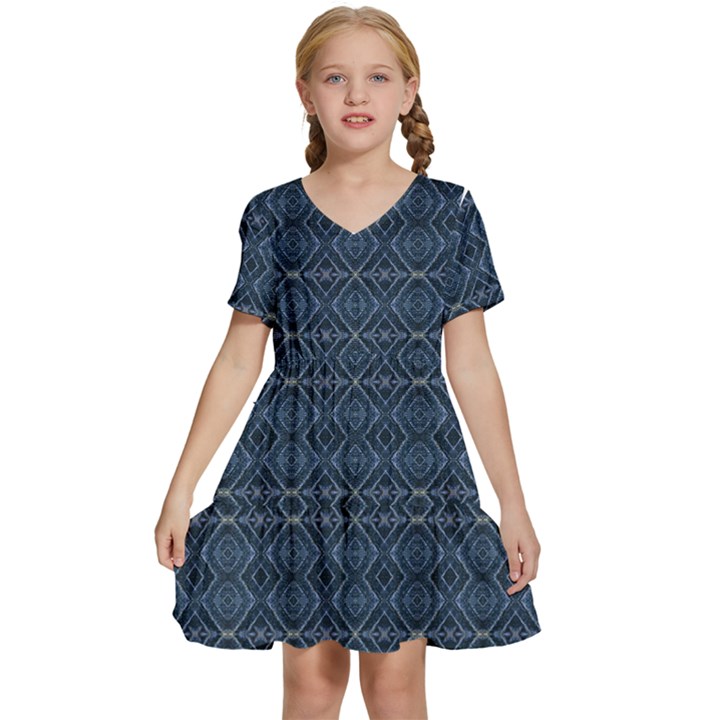 Blue Diamonds Motif Fancy Pattern Design Kids  Short Sleeve Tiered Mini Dress