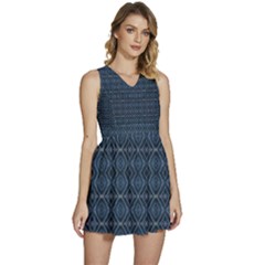 Blue Diamonds Motif Fancy Pattern Design Sleeveless High Waist Mini Dress