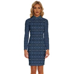 Blue Diamonds Motif Fancy Pattern Design Long Sleeve Shirt Collar Bodycon Dress