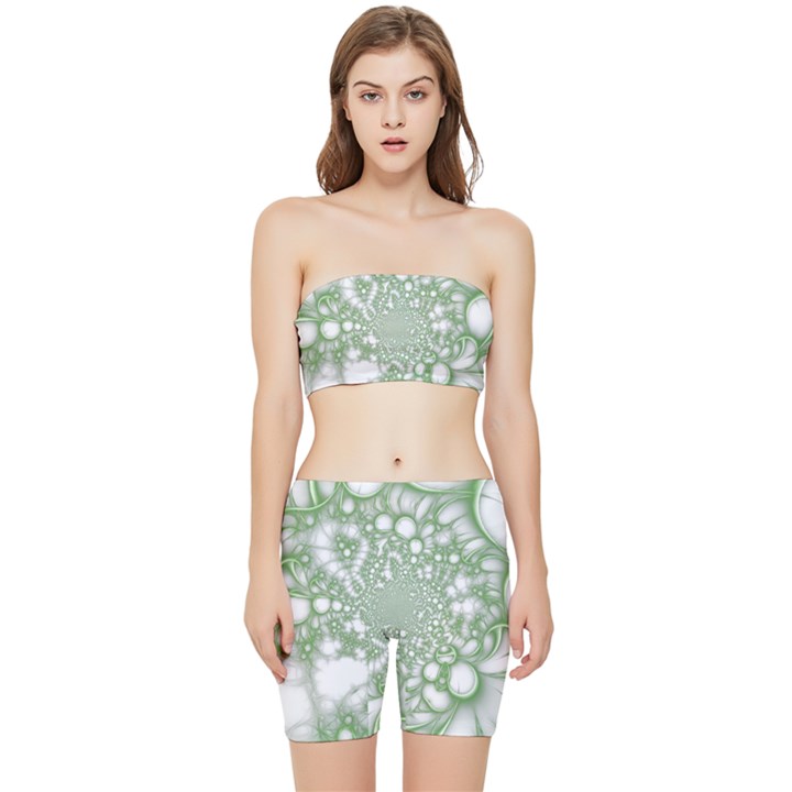 Green Abstract Fractal Background Texture Stretch Shorts and Tube Top Set