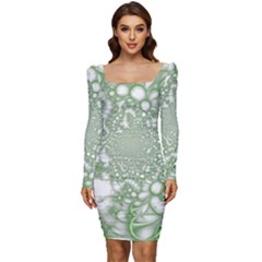 Green Abstract Fractal Background Texture Women Long Sleeve Ruched Stretch Jersey Dress by Ravend