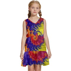 Fractal Spiral Bright Colors Kids  Sleeveless Tiered Mini Dress by Ravend