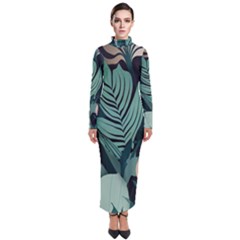 Green Nature Bohemian Painting Leaves Foliage Turtleneck Maxi Dress by Ravend