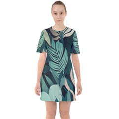 Green Nature Bohemian Painting Leaves Foliage Sixties Short Sleeve Mini Dress by Ravend