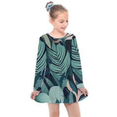 Green Nature Bohemian Painting Leaves Foliage Kids  Long Sleeve Dress by Ravend