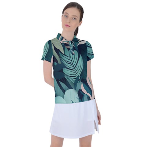 Green Nature Bohemian Painting Leaves Foliage Women s Polo Tee by Ravend