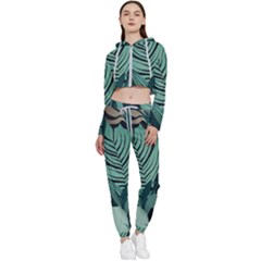 Green Nature Bohemian Painting Leaves Foliage Cropped Zip Up Lounge Set by Ravend