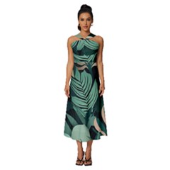 Green Nature Bohemian Painting Leaves Foliage Sleeveless Cross Front Cocktail Midi Chiffon Dress by Ravend