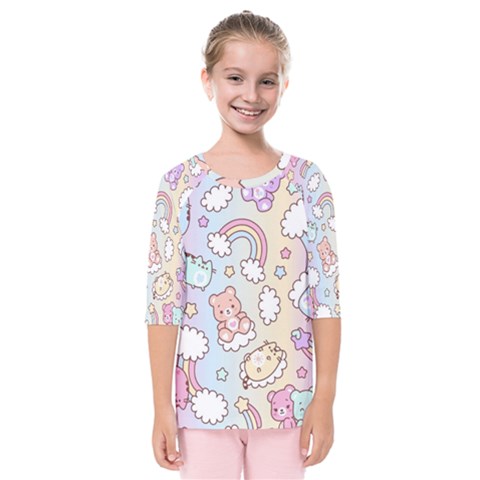 Pusheen Carebears Bears Cat Colorful Cute Pastel Pattern Kids  Quarter Sleeve Raglan Tee by Sapixe