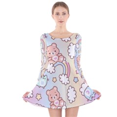 Pusheen Carebears Bears Cat Colorful Cute Pastel Pattern Long Sleeve Velvet Skater Dress