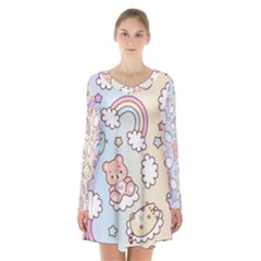 Pusheen Carebears Bears Cat Colorful Cute Pastel Pattern Long Sleeve Velvet V-neck Dress