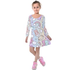 Pusheen Carebears Bears Cat Colorful Cute Pastel Pattern Kids  Long Sleeve Velvet Dress