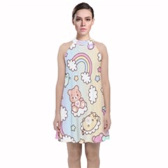 Pusheen Carebears Bears Cat Colorful Cute Pastel Pattern Velvet Halter Neckline Dress 