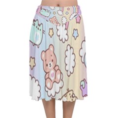 Pusheen Carebears Bears Cat Colorful Cute Pastel Pattern Velvet Flared Midi Skirt