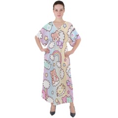 Pusheen Carebears Bears Cat Colorful Cute Pastel Pattern V-neck Boho Style Maxi Dress by Sapixe