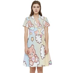 Pusheen Carebears Bears Cat Colorful Cute Pastel Pattern Short Sleeve Waist Detail Dress by Sapixe