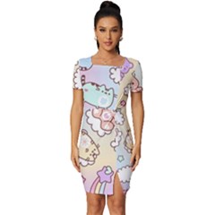 Pusheen Carebears Bears Cat Colorful Cute Pastel Pattern Fitted Knot Split End Bodycon Dress by Sapixe